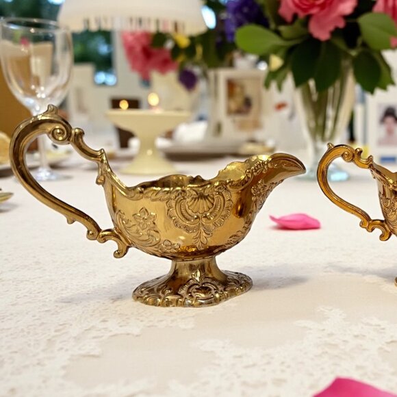Vintage Gold Holiday Imports Crown Gold Heavy Sugar & Creamer - Picture 10 of 12